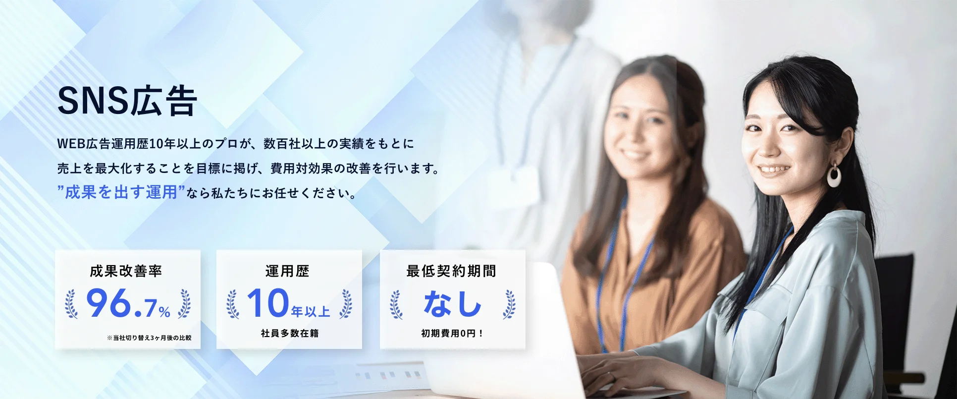 SNS広告 成果改善率96.7% 運用歴10年以上 最低契約期間なし 初期費用0円